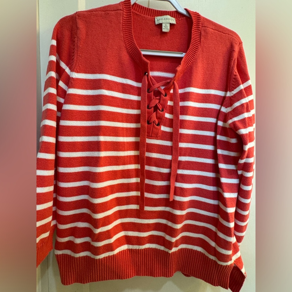 Appleseed's Red and White Lace-Up Sweater